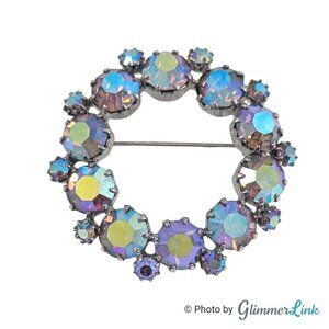 Vintage Iridescent AB Aurora Borealis Rhinestones Circle Wreath Gold Tone Brooch